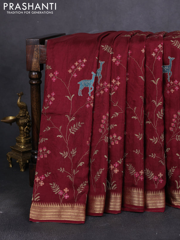 Semi crepe silk saree deep maroon with allover convent embroidery and temple zari woven border