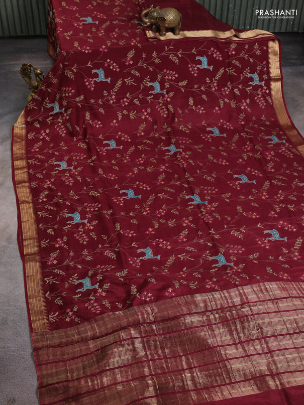 Semi crepe silk saree deep maroon with allover convent embroidery and temple zari woven border