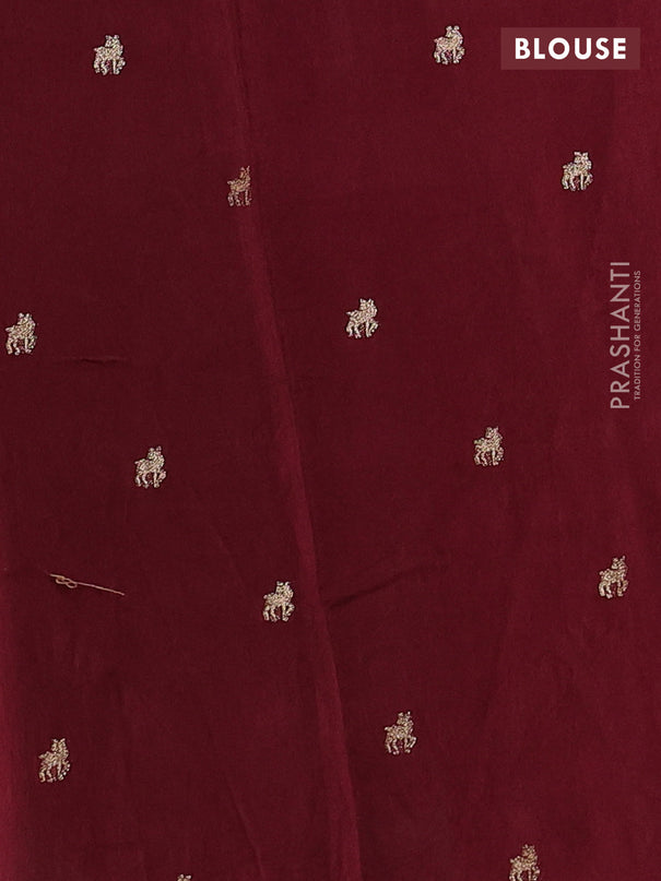 Semi crepe silk saree deep maroon with allover convent embroidery and temple zari woven border