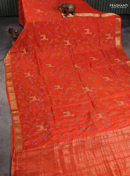 Semi crepe silk saree orange with allover convent embroidery and temple zari woven border