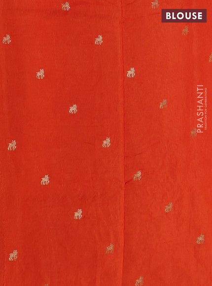 Semi crepe silk saree orange with allover convent embroidery and temple zari woven border