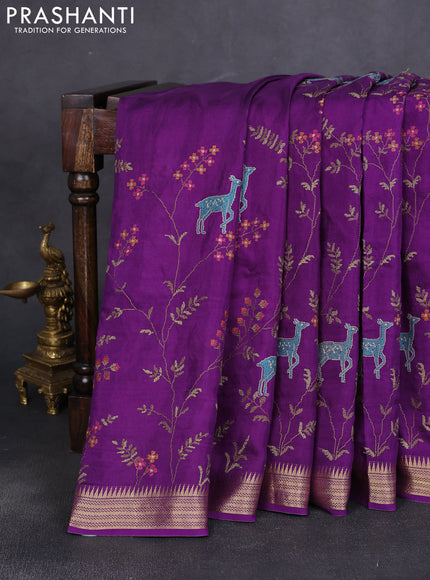 Semi crepe silk saree violet with allover convent embroidery and temple zari woven border