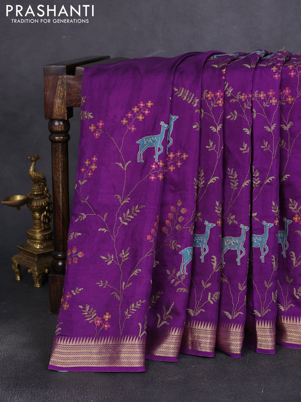 Semi crepe silk saree violet with allover convent embroidery and temple zari woven border