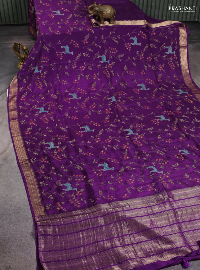 Semi crepe silk saree violet with allover convent embroidery and temple zari woven border