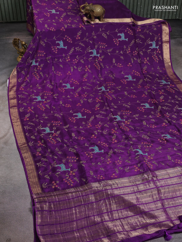 Semi crepe silk saree violet with allover convent embroidery and temple zari woven border