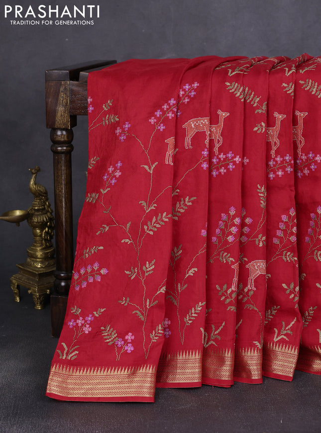 Semi crepe silk saree red with allover convent embroidery and temple zari woven border
