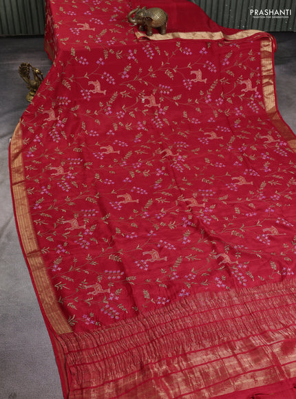 Semi crepe silk saree red with allover convent embroidery and temple zari woven border