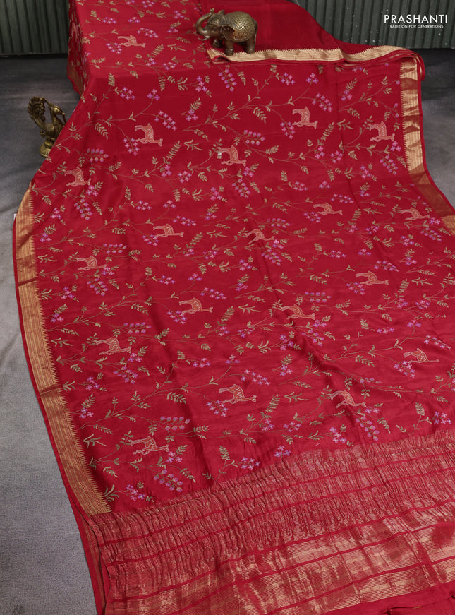 Semi crepe silk saree red with allover convent embroidery and temple zari woven border