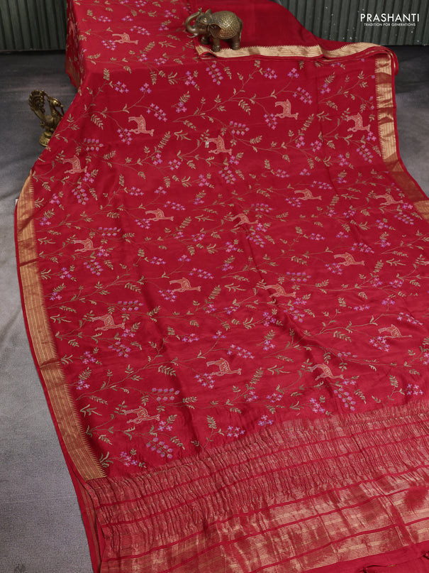 Semi crepe silk saree red with allover convent embroidery and temple zari woven border