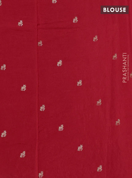 Semi crepe silk saree red with allover convent embroidery and temple zari woven border
