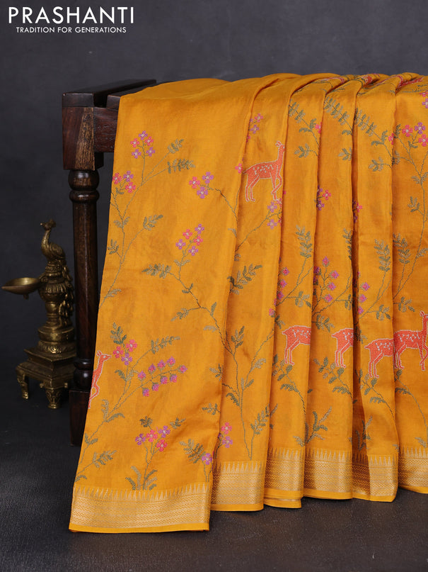 Semi crepe silk saree yellow with allover convent embroidery and temple zari woven border