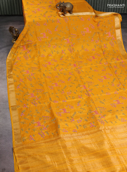 Semi crepe silk saree yellow with allover convent embroidery and temple zari woven border