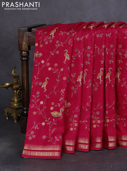 Semi crepe silk saree pink with allover convent embroidery and temple zari woven border