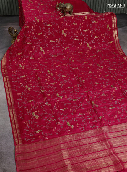 Semi crepe silk saree pink with allover convent embroidery and temple zari woven border