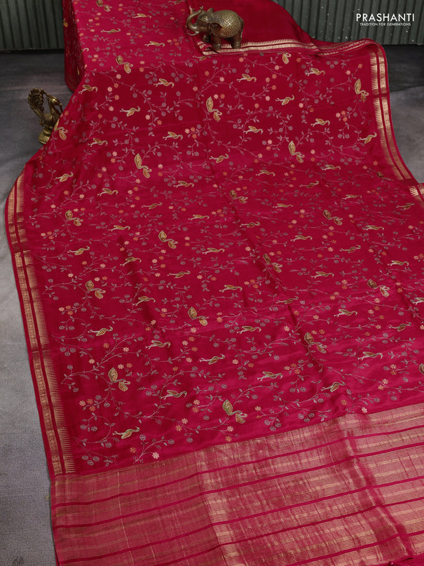 Semi crepe silk saree pink with allover convent embroidery and temple zari woven border
