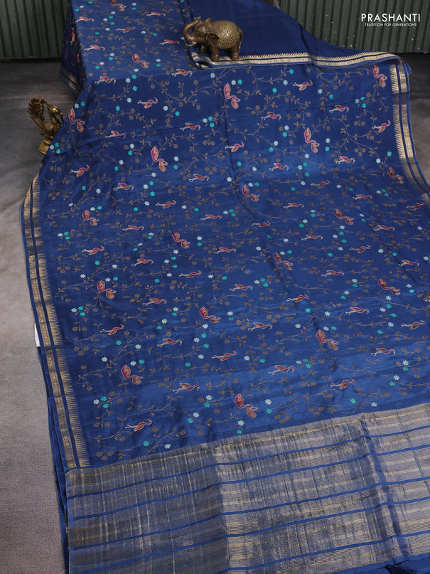 Semi crepe silk saree peacock blue with allover convent embroidery and temple zari woven border