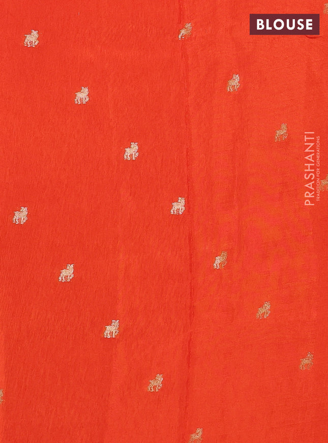 Semi crepe silk saree orange with allover convent embroidery and temple zari woven border