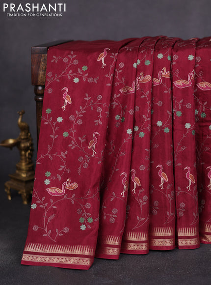 Semi crepe silk saree deep maroon with allover convent embroidery and temple zari woven border