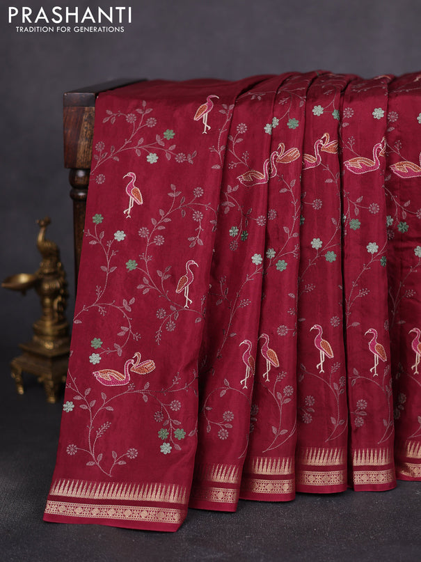 Semi crepe silk saree deep maroon with allover convent embroidery and temple zari woven border