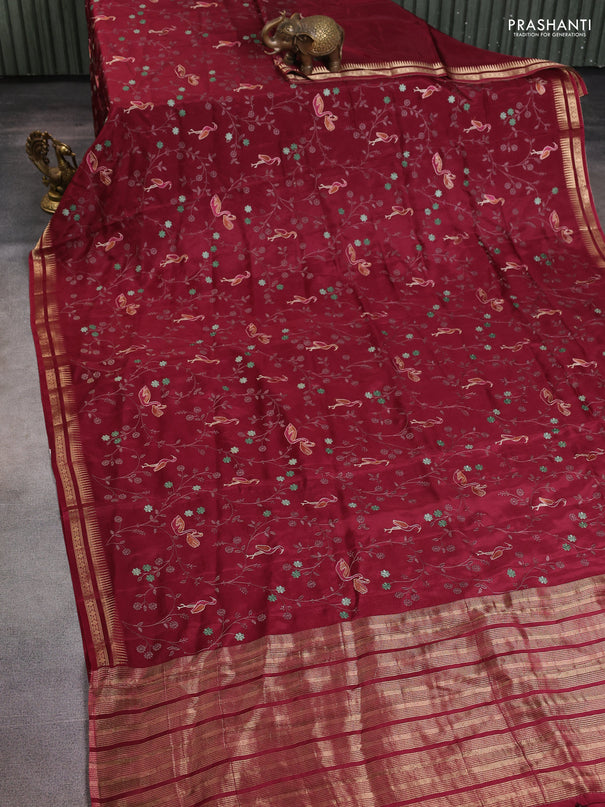 Semi crepe silk saree deep maroon with allover convent embroidery and temple zari woven border