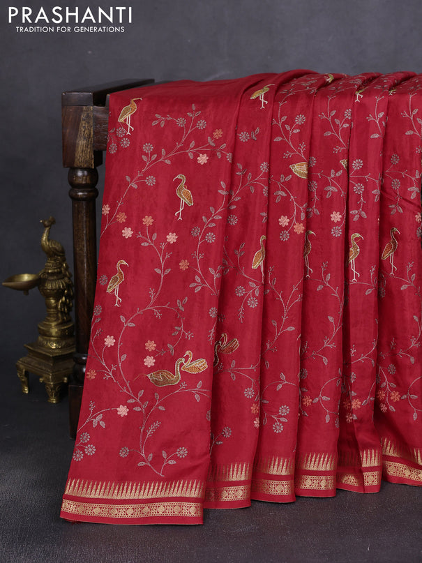 Semi crepe silk saree red with allover convent embroidery and temple zari woven border