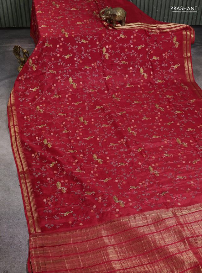 Semi crepe silk saree red with allover convent embroidery and temple zari woven border