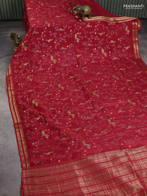 Semi crepe silk saree red with allover convent embroidery and temple zari woven border