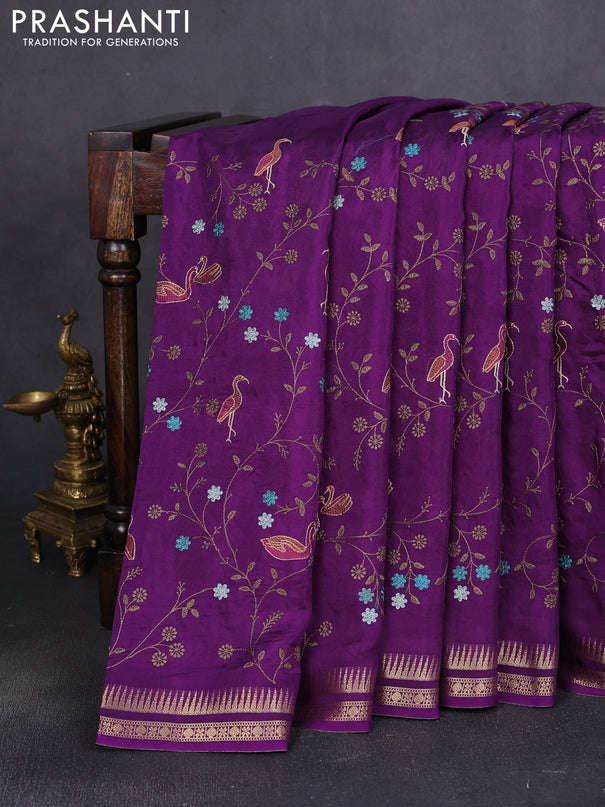 Semi crepe silk saree violet with allover convent embroidery and temple zari woven border