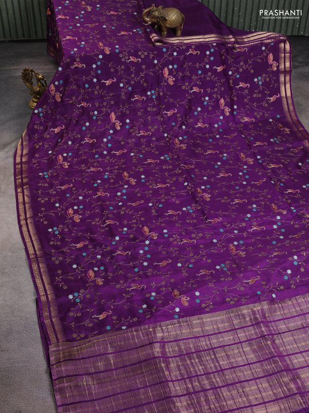 Semi crepe silk saree violet with allover convent embroidery and temple zari woven border