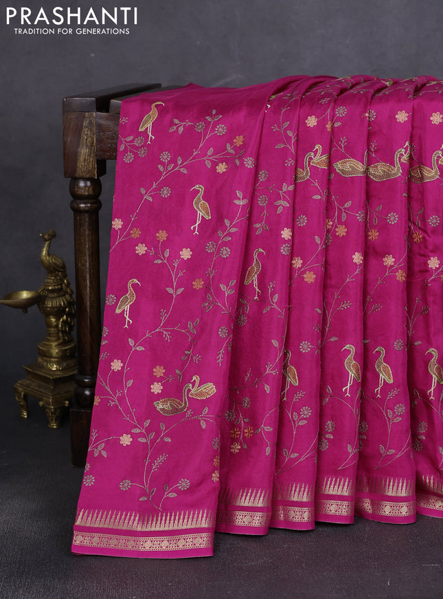 Semi crepe silk saree pink with allover convent embroidery and temple zari woven border