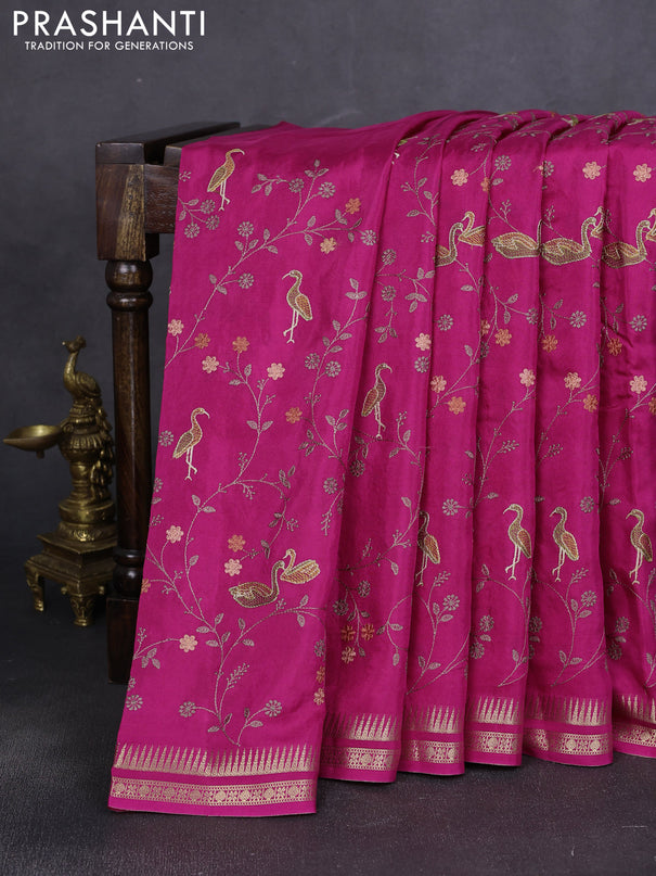 Semi crepe silk saree pink with allover convent embroidery and temple zari woven border