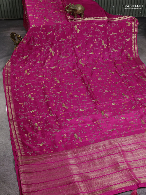 Semi crepe silk saree pink with allover convent embroidery and temple zari woven border