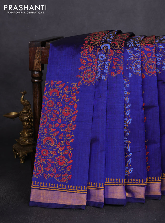Silk cotton block printed saree blue with prints and zari woven border