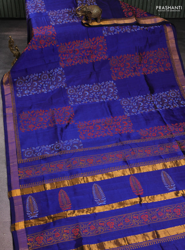 Silk cotton block printed saree blue with prints and zari woven border