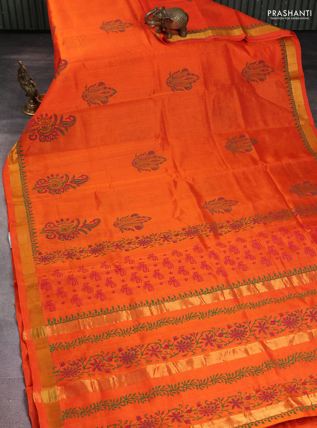 Silk cotton block printed saree orange with butta prints and zari woven border