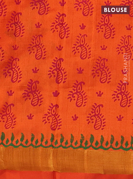 Silk cotton block printed saree orange with butta prints and zari woven border