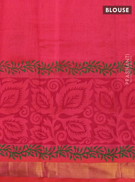 Silk cotton block printed saree pinkish orange with prints and long printed zari woven border