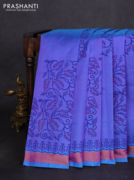 Silk cotton block printed saree dual shade of bluish violet with prints and long printed zari woven border