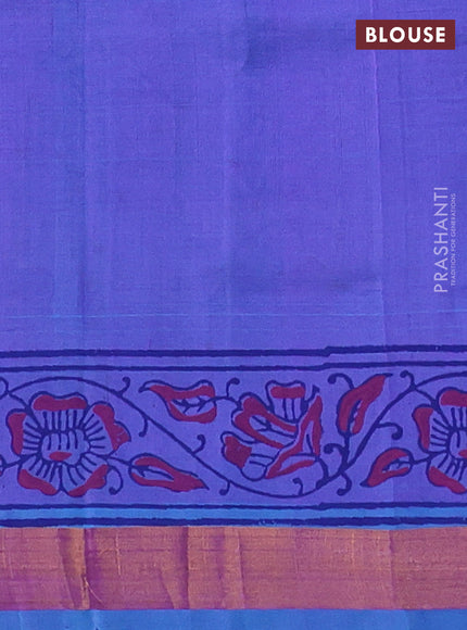 Silk cotton block printed saree dual shade of bluish violet with prints and long printed zari woven border