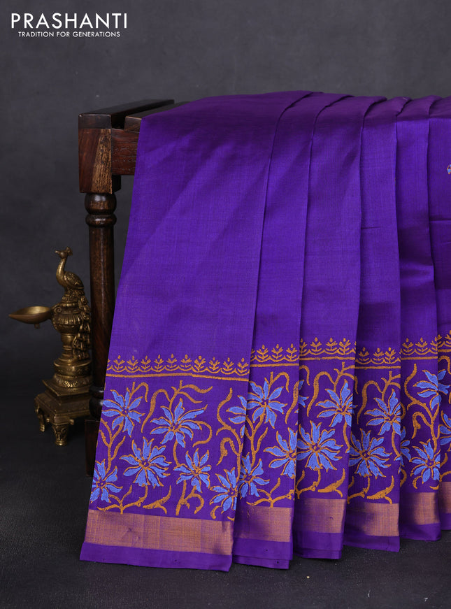 Silk cotton block printed saree violet with butta prints and long printed zari woven border