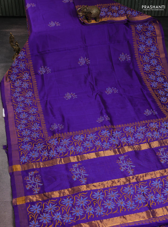 Silk cotton block printed saree violet with butta prints and long printed zari woven border