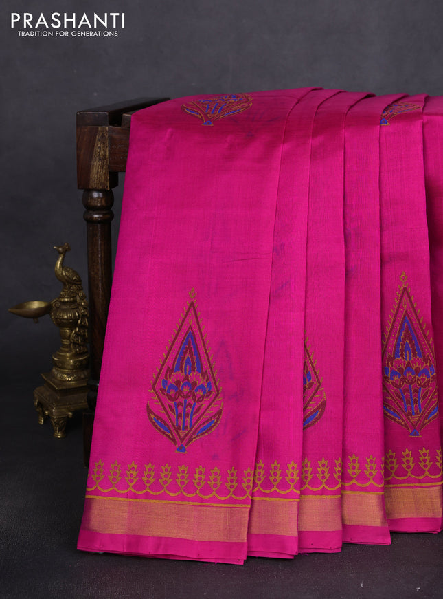 Silk cotton block printed saree pink with butta prints and zari woven border