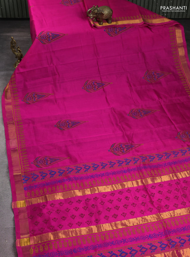 Silk cotton block printed saree pink with butta prints and zari woven border