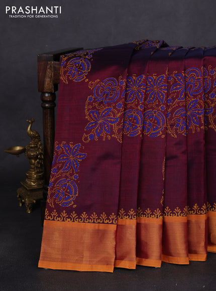 Silk cotton block printed saree maroon and mustard yellow with prints and zari woven border