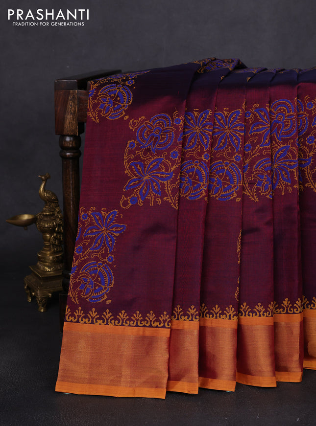 Silk cotton block printed saree maroon and mustard yellow with prints and zari woven border