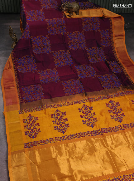 Silk cotton block printed saree maroon and mustard yellow with prints and zari woven border