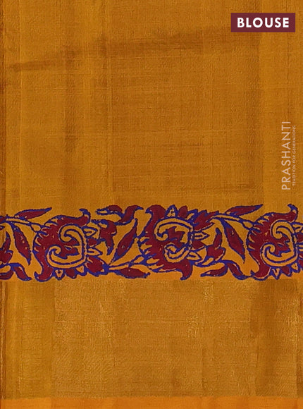Silk cotton block printed saree maroon and mustard yellow with prints and zari woven border