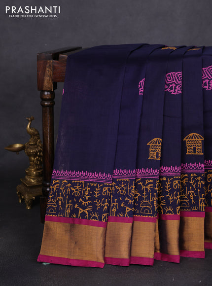 Silk cotton block printed saree navy blue and pink with butta prints and zari woven border