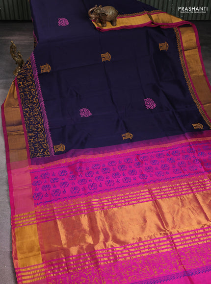 Silk cotton block printed saree navy blue and pink with butta prints and zari woven border