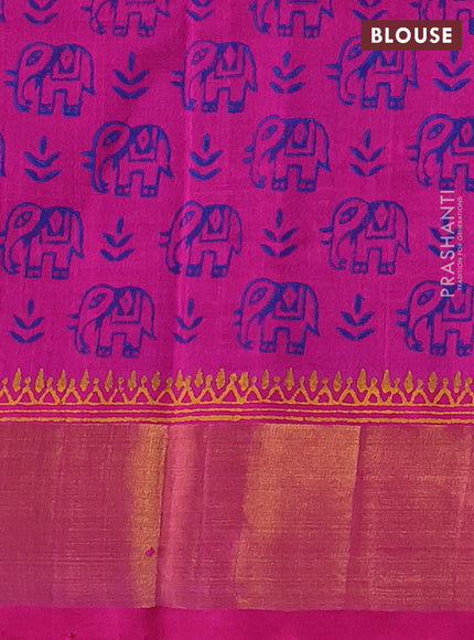 Silk cotton block printed saree navy blue and pink with butta prints and zari woven border